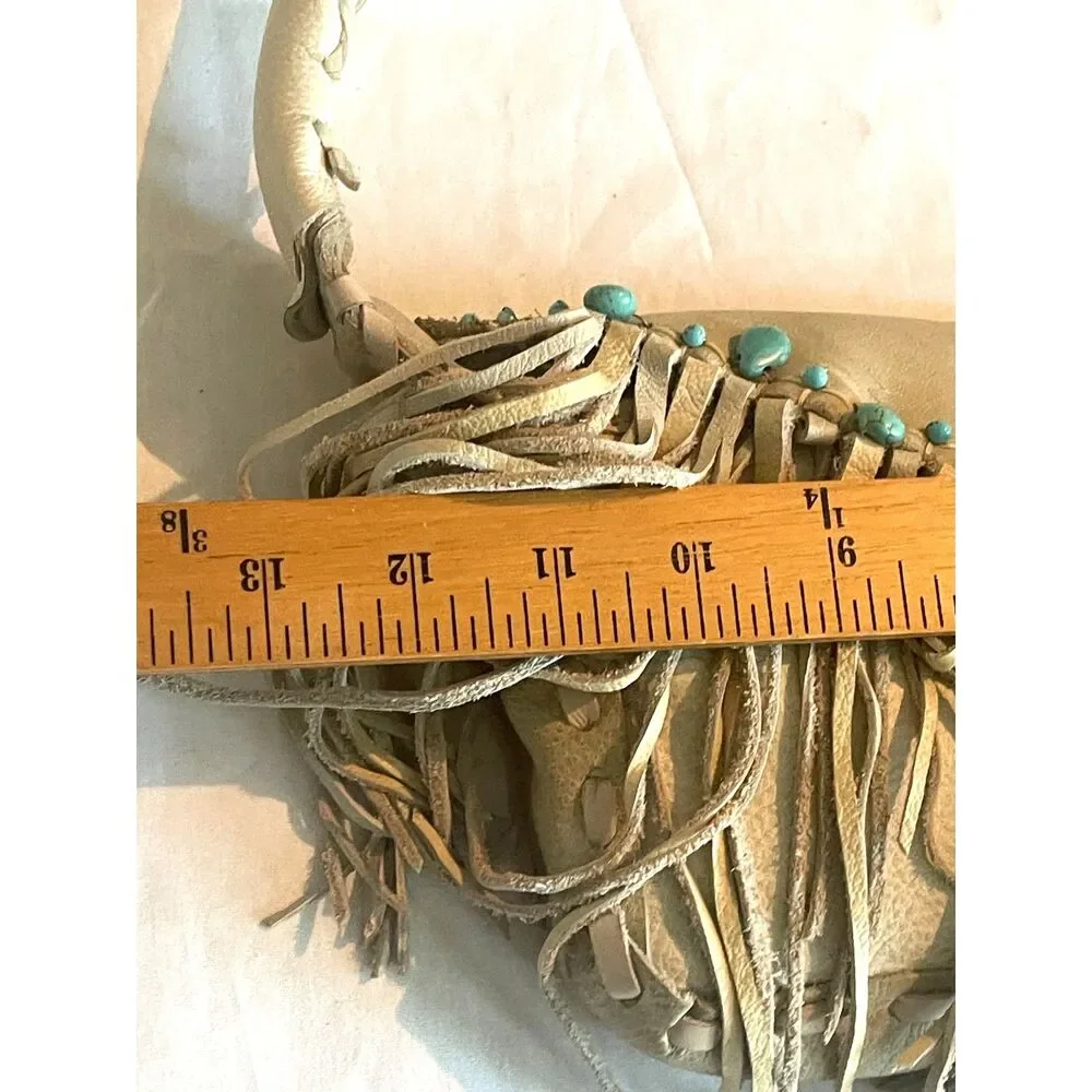Vintage 1980s Fringe Buffalo Leather & Turquoise Shoulder Handmade Bag Boho